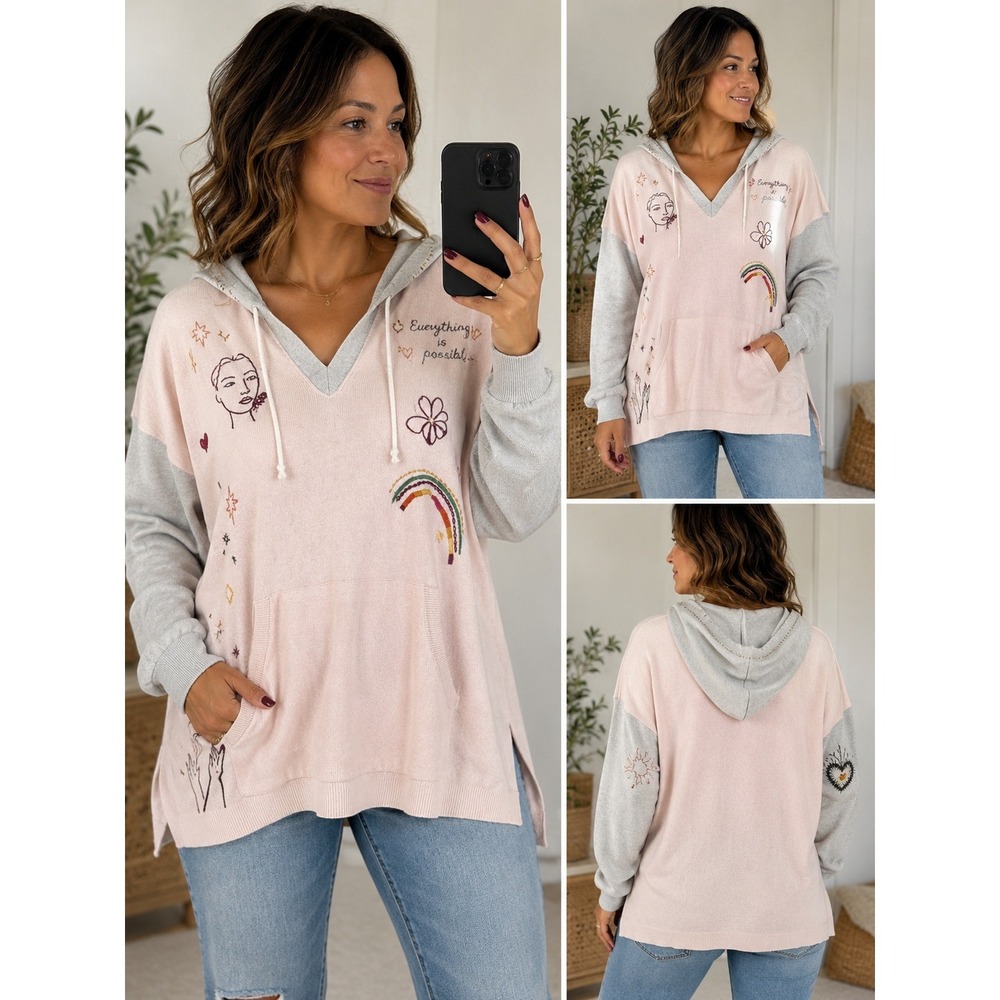 Johnny Was Hoodie Pink Grey Embroidered Cotton Cashmere Boho Sweater Medium